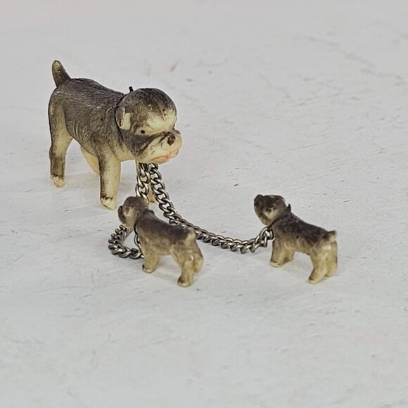 Vintage Celluloid Chained Bulldog Mom With Puppies Miniature Figurines - Picture 3 of 7